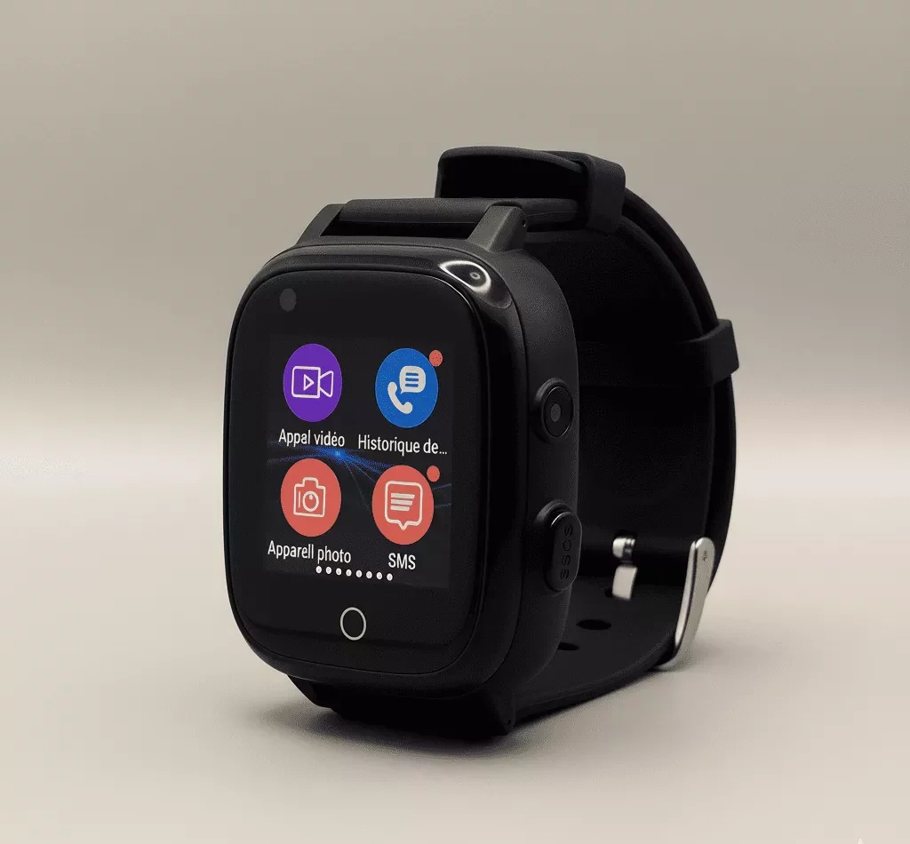 kidnou-pro-en-noir Montre connectée pour enfant noire avec écran HD, GPS intégré, appels vidéo avec caméra frontale et bouton SOS