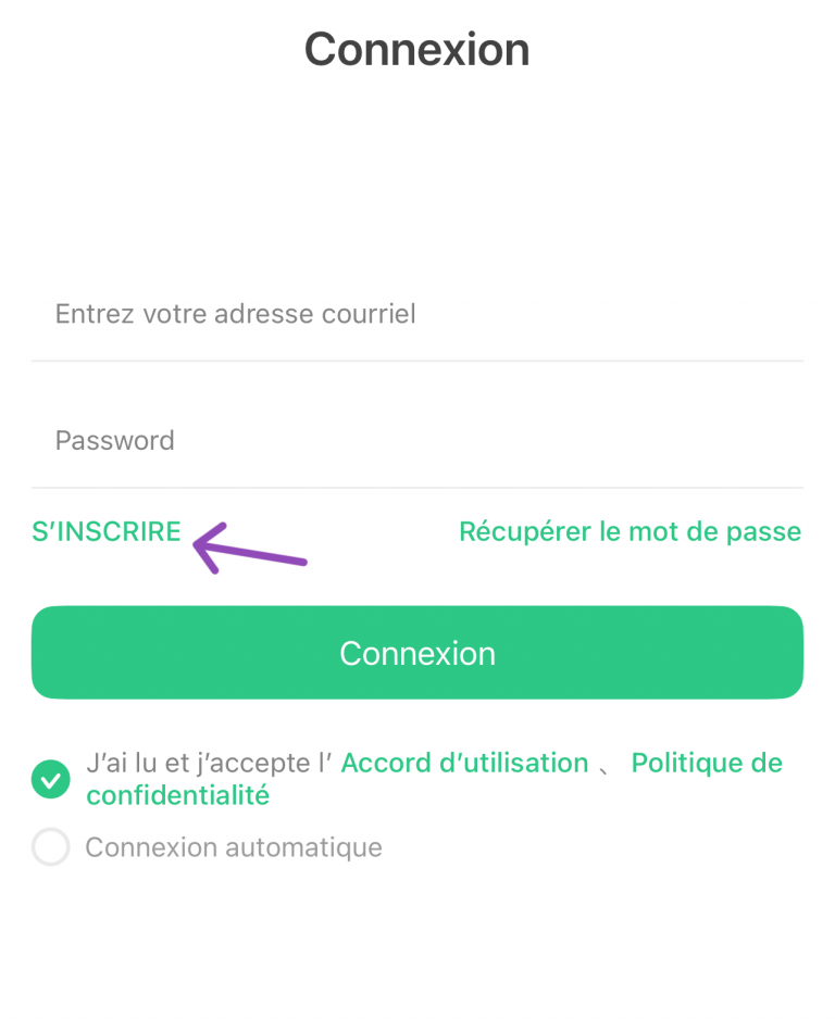 Interface de connexion mobile avec bouton s'inscrire pour créer un compte.