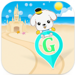 Icône d'application mobile avec chien mascotte assis sur un repère de géolocalisation.