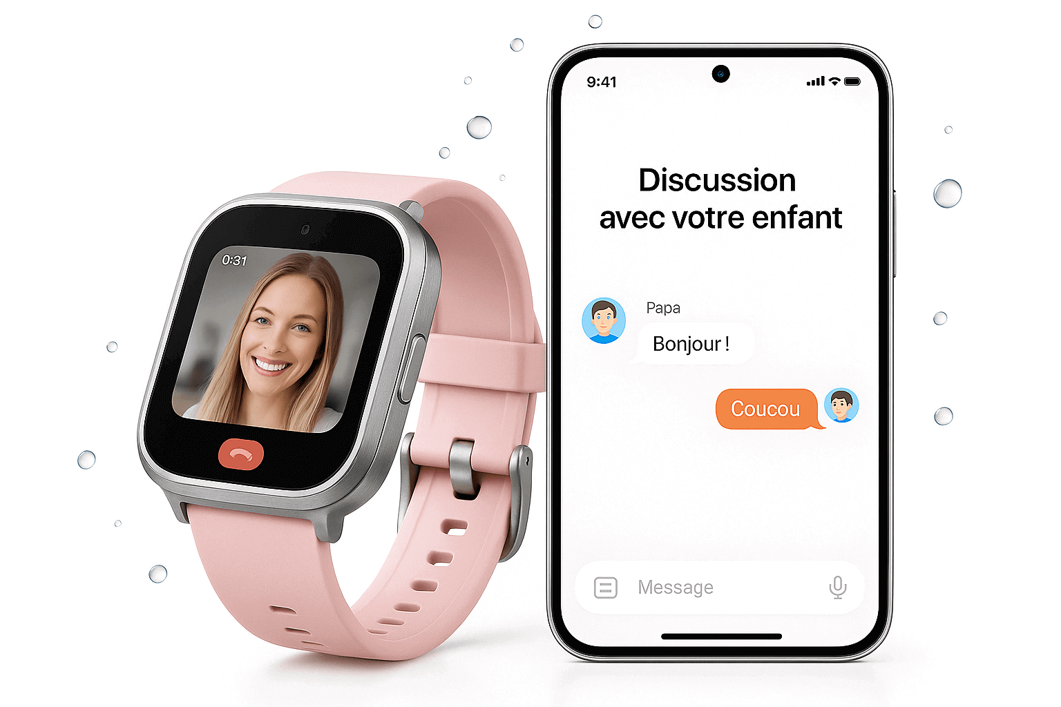 Montre connectée enfant bleue permettant les appels vidéo et la messagerie avec les parents.