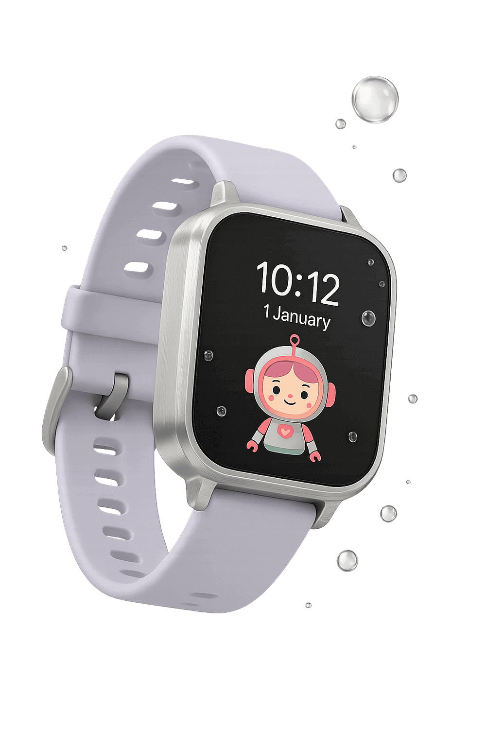 Montre connectée enfant avec bracelet violet clair et cadran rectangulaire affichant l'heure et un personnage animé.