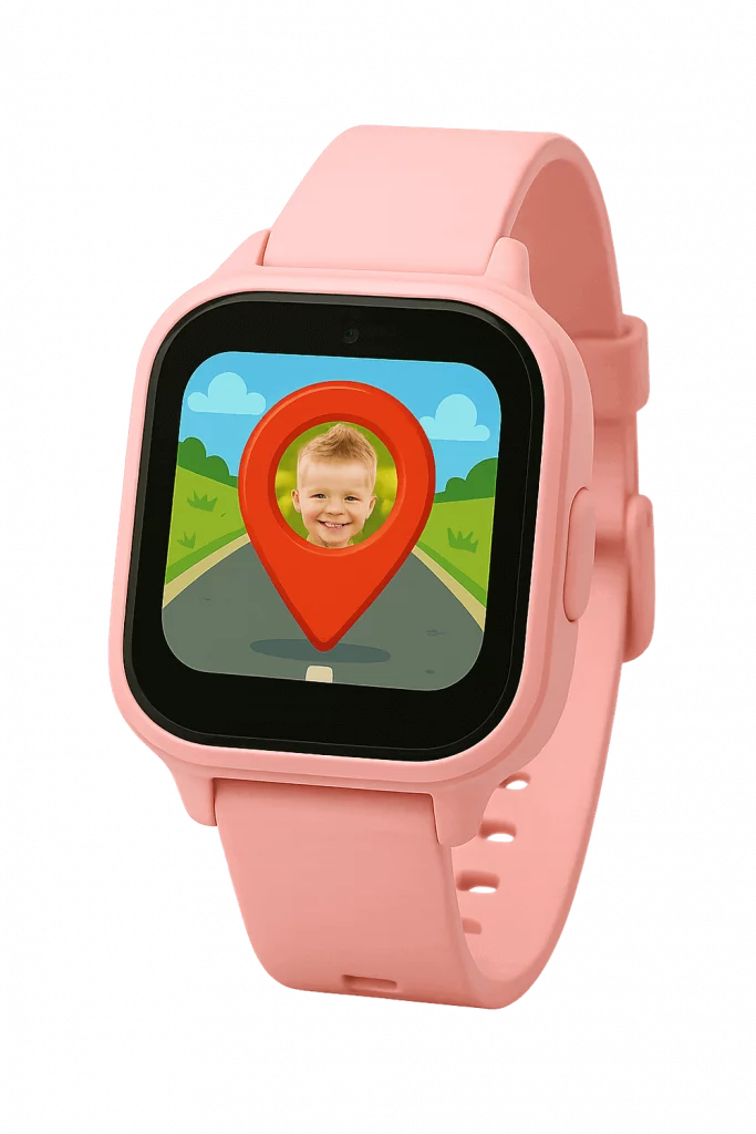 Montre connectée enfant de couleur rose avec fonction GPS et photo sur l'écran.